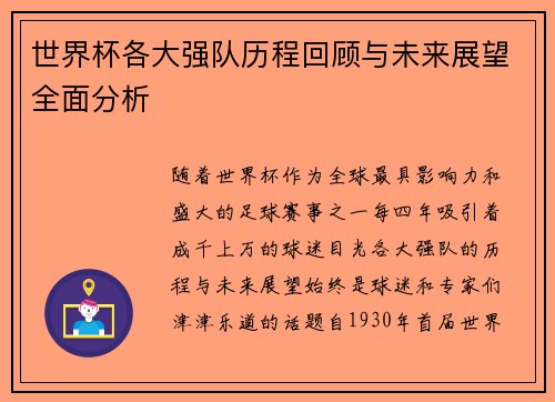 世界杯各大强队历程回顾与未来展望全面分析